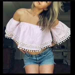Pink and White Stripe Off-Shoulder Crop-Top